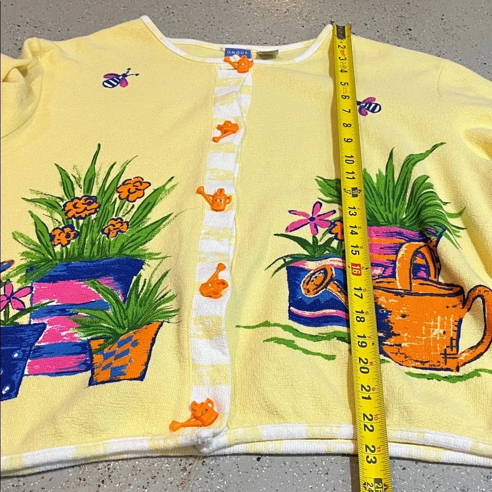 VINTAGE ONQUE CASUALS FLORAL GARDEN CARDIGAN TOP YELLOW MULTICOLOR SIZE LARGE - Picture 14 of 15